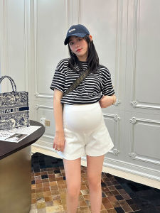 LeoMami Maternity Pants Summer Thin Casual A-Line Suit Shorts Belly Support Versatile Slim Wide Leg Hot Pants Cotton Polyester