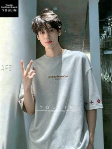 YOULIN | Embroidered Grey Graphic Design T-Shirt Mens Summer