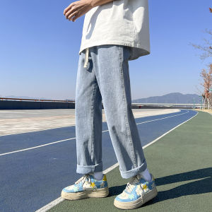 Loose Fit Straight Leg Jeans Mens Hong Kong Style Wide Leg American Vintage Long Trousers Elastic Waist Casual Jeans