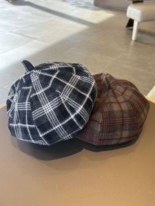 Retro Plaid Beret Hat British Style Womens Versatile Woolen Face Slimming Painter Hat Artistic Fashion Octagonal Trendy Hat