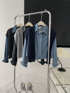 Dongda Gate Autumn New Casual Collar Denim Short Shirt Womens Top Outerwear Shawl Two-Piece Set Loose Fit Pure Color