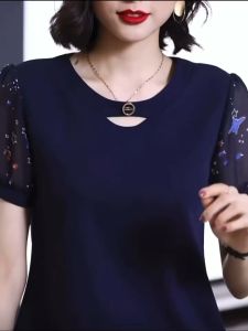 Plus Size Womens Elegant Casual shirt Spliced Solid Tops Vintage Loose O-Neck Female short Sleeve Chiffon T-shirt