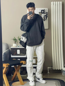 Heavyweight Long Sleeve Cotton T-Shirt Mens Solid Color Basic Casual Inner Wear Loose Top Trendy Brand Youth Pop Style