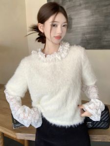 GUZILIAN | เสื้อยืดแขนสั้นผ้าขนแกะลายลูกไม้สไตล์ฝรั่งเศส ชุดสองชิ้น แขนกุด คอโปโล ทรงหลวม สีพื้น ฤดูใบไม้ร่วง/ฤดูหนาว