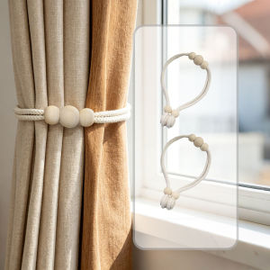 2pcs Magnetic Curtain Tiebacks with Natural Wood Beads Braided Cotton Holdbacks for Nordic Home Decor