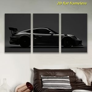 3 Modern Art Classic Black Sports Car Canvas Posters 2D Flat Printing Frameless Paintings for Bedroom Living Room Kitchen Co