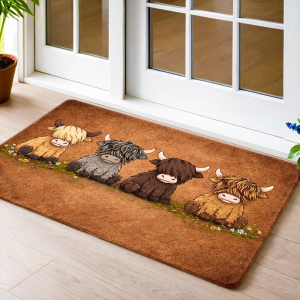 VIKAMA Entrance Door Mat Four Highland Cows Cartoon Grass Flower Print Non Slip Mat For Front Door Porch Farmhouse Decor
