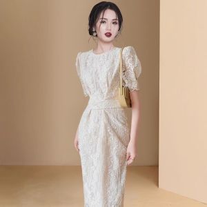 French Designed Lace Mini Dress Puff Sleeves