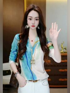 Áo Thun Nữ Cổ Chữ V in Họa Tiết Thời Trang Dài Tay Mùa Xuân Thu Mới Về Thường Ngày Áo Lót Lưới Áo Chui Đầu