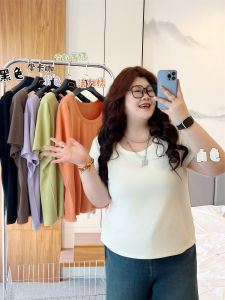 plus Size Womens Pure Color Short Sleeve T-Shirt Slimming Top for plus Size 220 Pounds Fat Xiaoxiao Spring Summer Fashion