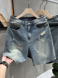 Retro American Style Mens Denim Shorts Tear Worn out Straight Leg Loose Fit Five Tenths Summer New Arrival Casual Breathable