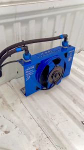ออยคูลเลอร์ 25ชั้น พร้อมพัดลม KING งานอลูมเนียมไดร์สี หัวต่อลดขนาด 2ตัว oil gear cooler ครบชุดเลือกสีบังลมพัดลมได้ (ออยเกียร์ แบบแยก)