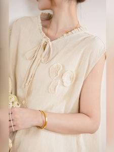 Handmade Camellia/Rayon Ramie Bow Tie Bell Sleeve Womens Blouse