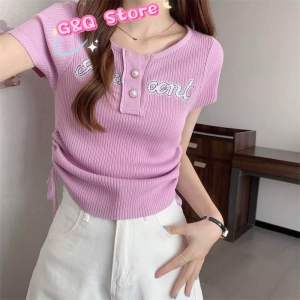 Áo Kiểu Nữ Dệt Kim Mongtoghi Tay Ngắn - Cài Nút Dây Rút Tôn Dáng Thời Trang
