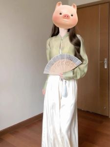 New Chinese Style Womens Zen Tea Ceremony Loose Fit Luxury Summer Outfit Set Cool Sensation Long Sleeve Stand Collar Dress