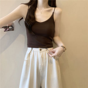 Thin Strap Vest Womens Outerwear Summer Wear Cotton Blend Elastic V-Neck Short Length Integrated Chest Pad Included