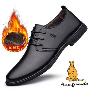Australian Kangaroo Mens Shoes Winter Fleece Lined Casual Soft Bottom Dad Shoes Business Formal Mens Leather Shoes