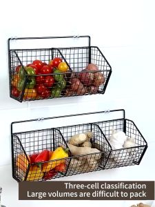 Large-capacity wall-mounted kitchen iron three-compartment onion/ginger/garlic storage rack