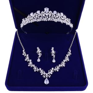 3 Pcs Luxury Crystal Leaf Bridal Jewelry Sets Rhinestone Crown Tiaras Necklace Earrings Set for Bride African Beads Jewelry Sets