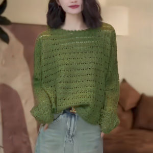 Drunk Lotus 2025 Autumn New Green round Neck Hollow Design Knitwear Women Casual Versatile Lazy Style Top Korean Style Long Sleeve