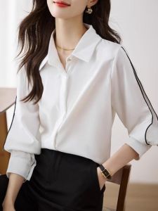 เสื้อเชิ้ตผู้หญิงแขนยาวทรงหลวมสไตล์ฝรั่งเศส สีขาว ดีไซน์เก๋ไก๋ แฟชั่นฤดูใบไม้ผลิและฤดูใบไม้ร่วง เสื้อเชิ้ตผ้าชีฟอง