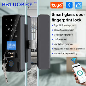 Tuya App Door Lock with Screen LCD Glass Door Fingerprint Bluetooth Smart Electronic Door Lock IC RFID Remote Control Unlock