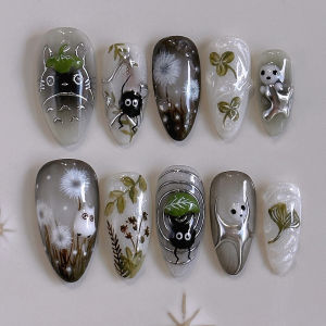 24pcs Gradient Black False Nails Cute Cartoon Cats Eye Forest Elf Girl Press On Nails Glossy Almond Sweet Cool Fake Nail Tips