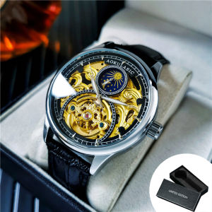 AOKULASIC Tourbillon Mens Watches Top Brand Luxury Skeleton Automatic Mechanical Watch Casual Leather Strap Sun Phase Male Clock