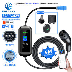 Kolanky 32A 7.2KW Portable EV Charger Type2/GBT IEC62196-2 Electric Vehicle Charger EVSE Charging Cable APP Control Home Charge