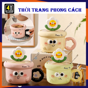 Ly Sứ Cốc Sứ Hình Chậu Hoa Kèm Hộp Quà Thìa Và Nắp Đậy Dung Tích 380ML - Cốc Uống Nước Xinh Xắn - Cốc Cafe Trà Ly Tách Uống Cà Phê Full Box Làm Quà Tặng - Cốc Ăn Ngũ Cốc