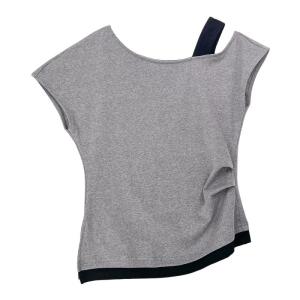 YUEZHONGWEI | Color Block Short Sleeve Asymmetrical Shoulder T-Shirt Womens Summer New Style Slim Fit Open Shoulder Top Korean Style Commute