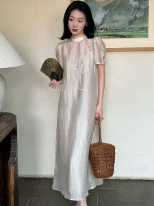 Elegant New Chinese Style Cheongsam Dress Womens Summer Fashion High Collar Long Sleeve Floral Embroidery Cold Shoulder Dress