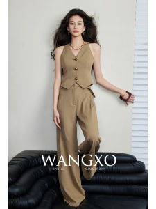 WANGXO | Bộ Đồ 2 Mảnh Áo Dây V-Neck Cao Cổ Quần Ống Rộng Thắt Eo