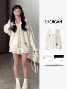 Stylish Bows V-neck Cardigan Knitwear Spring and Autumn Top Sweater Outwear All-Matching Graceful Lazy Style Top