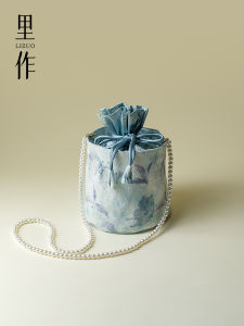 New Chinese Style Womens Bucket Bag Pearl Chain Single Shoulder Crossbody Makeup Bag Storage Organizer Floral Pattern