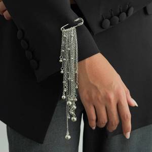 Ingemark Elegant Long Tassel Metal Chain Round Beads Pendant Brooch for Women Retro Pin Suit Clothing Accessories Jewelry Gifts