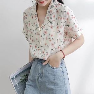 223SHUFU 2318 Ready Stock chiffon blouse for women korean floral cal short sleeve top lapel printed shirt plus size