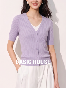 Basic House | Purple Tencel Short Sleeve V-Neck Layered Look Cardigan