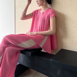 Miyake High-End Pleated Fashion Irregular Color Matching Casual Top + Pants Set (Top and Pants Are Sold Separay) # 1602 # 1603