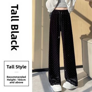 Black Sequin Gold Velvet Sports Pants Womens High Waist Elastic Wide Leg Straight Casual Floor-Length Pants Commute Style