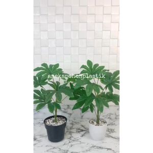 Pohon Hias Artificial Daun Aralia Pot Dasar Hitam & Pot Melamine Putih Hiasan Ruang Tamu Aesthetic