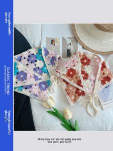 French Vintage Knitted Triangle Small Scarf Handmade Crochet Bow Tie Countryside Artistic Beach Sweet Hair Accessory Women