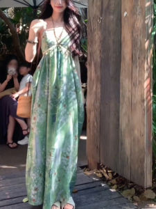 Váy Dài Mùa Hè in Hoa Màu Xanh Lá Cây Kiểu Pháp Cho Nữ Váy Dài Chữ a Không Tay Váy Dự Tiệc Váy Chữ A Váy Dài