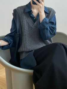 Retro Twist Grey Knitted Vest Womens Style Early Autumn Outerwear V-neck Layered Loose Autumn Winter Sweater Vest Outerwear
