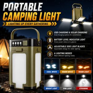 Solar Rechargeable LED Camping Lamp 4 Leaf Foldable Tent Lamp Warm Fire Atmosphere Lamp Outdoor Emergency Lighting Torch Lantern