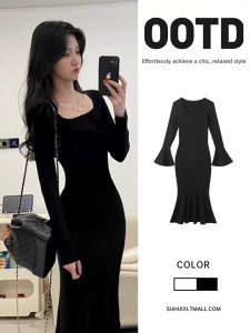 SUHUIQIAN | Black Knit Slim Fit Womens Long Dress