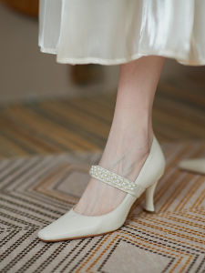 YCF เรียบหรู ประดับมุก สไตล์ฝรั่งเศส รองเท้าส้นสูง ผู้หญิง ทันสมัย หลากหลาย สีขาว รองเท้าแต่งงาน Square Toe Semi-Up Open-Toe