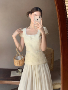 XXNING | Áo Gile Tweed Trang Trí Ren Cổ Điển Pháp