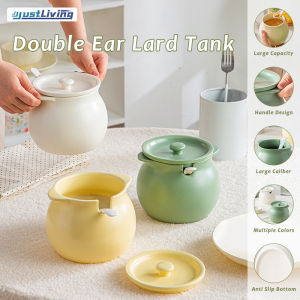 JustLiving Ceramic Double-Handled Oil Jar for Sauces and Condiments 0.4/0.7/1.4/L Lard Tank Oil Filter Pot Large Capacity Filter Oil Separator Storage Tank Tools Oil Bottle for Kitchen Storing Frying Oil