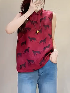 QINGNAER | White-showing Elegant Print Sleeveless Top Big Size Feminine Age-reducing Womens Blouse